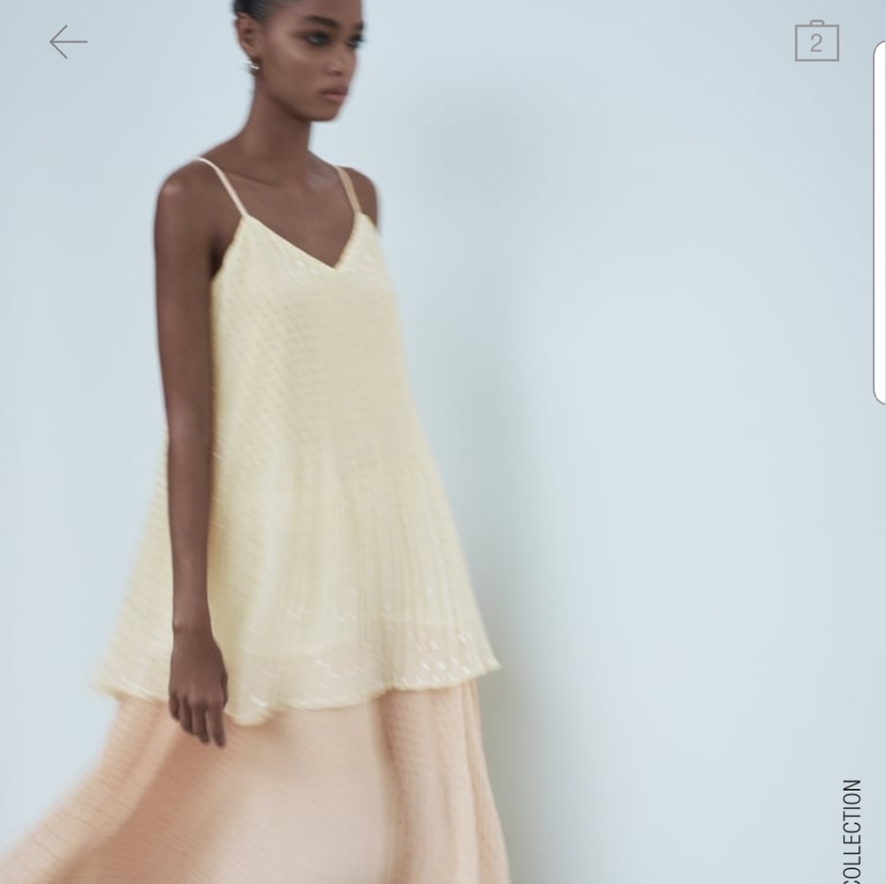 Zara Pale Yellow Pleated Midi Dress with Peach Layer